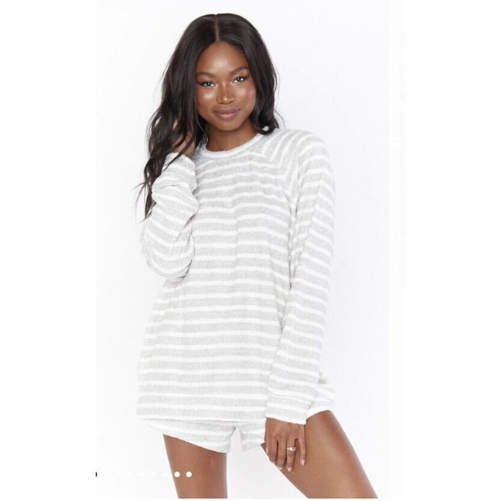 Show Me Your Mumu Women's Sittin Around Gray White Striped Long Sleeve Crew SZ L